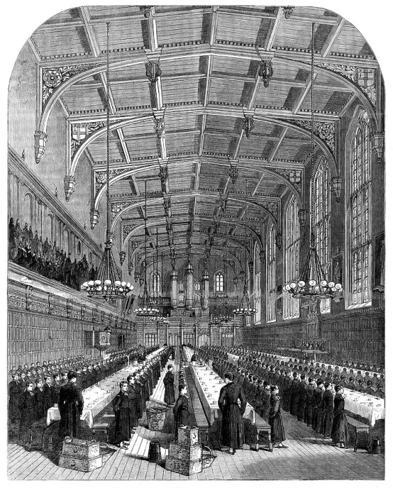 Framed Print : The Great Schools of England: the dining-hall at Christ's Hospital...singing a hymn, 1862. Creator: Unknown Framed Print : The Great Schools of England: the dining-hall at Christ's Hospital...singing a hymn, 1862. Creator: Unknown