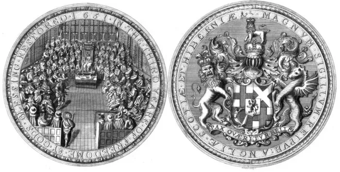 Framed Print : The Great Seal of the Commonwealth of England, 1651 (1785). Artist: Goldar Framed Print : The Great Seal of the Commonwealth of England, 1651 (1785). Artist: Goldar