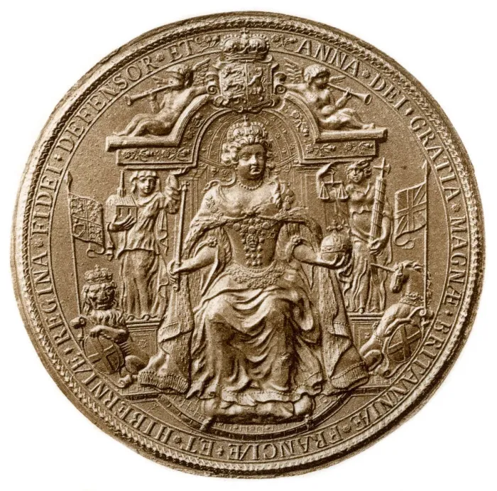 Framed Print : Third Great Seal of Queen Anne, obverse, 1702-1714 (1906) Framed Print : Third Great Seal of Queen Anne, obverse, 1702-1714 (1906)