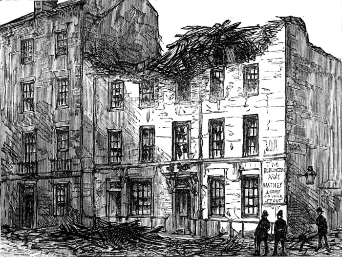 Framed Print : The Great Storm of Wind on Friday week: top of a house blown down in Burlington-street... 1881. Creator: Unknown Framed Print : The Great Storm of Wind on Friday week: top of a house blown down in Burlington-street... 1881. Creator: Unknown