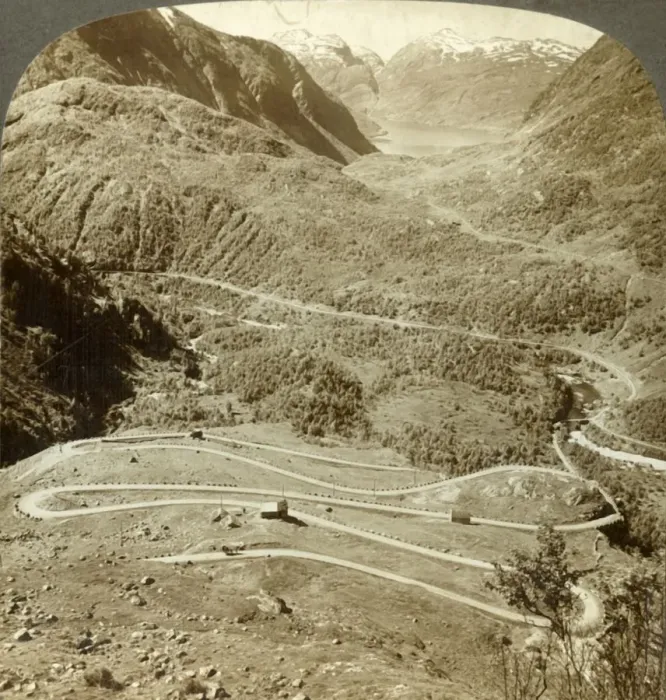 Framed Print : Great zigzag loops of road descending from Dyreskard Pass - west to Roldal Lake, Norway, c1905 Framed Print : Great zigzag loops of road descending from Dyreskard Pass - west to Roldal Lake, Norway, c1905