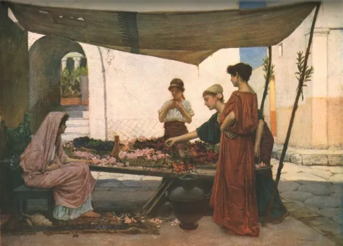 Framed Print : A Grecian Flower Market, c1880, (c1930). Creator: John William Waterhouse Framed Print : A Grecian Flower Market, c1880, (c1930). Creator: John William Waterhouse
