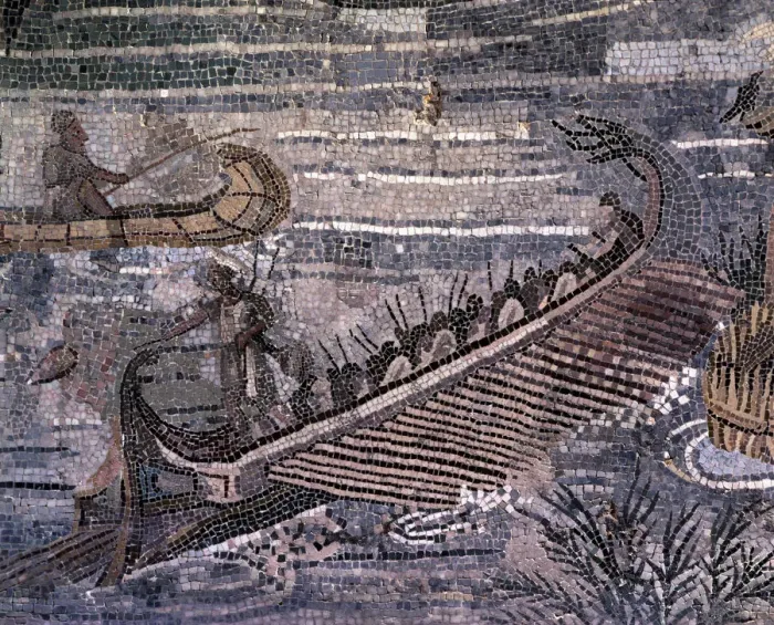 Framed Print : Greek boat sailing the Nile River Delta, fragment of the Barberini mosaic Framed Print : Greek boat sailing the Nile River Delta, fragment of the Barberini mosaic