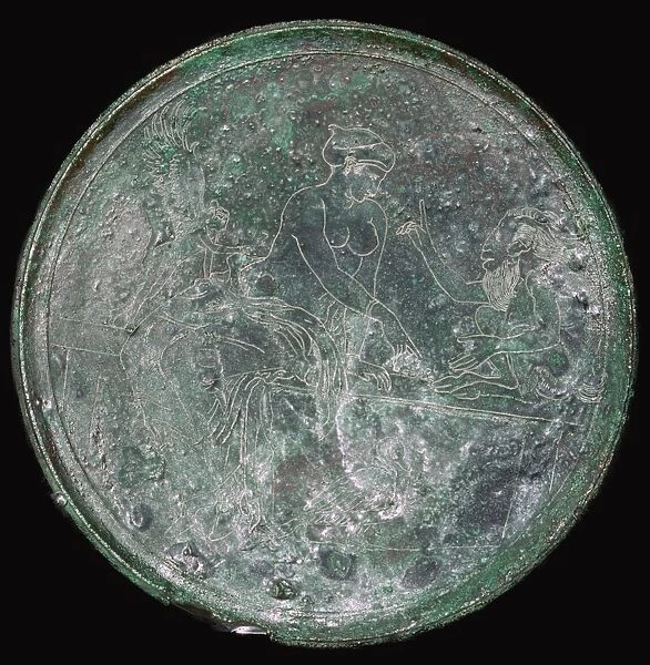Greek bronze mirror case with Aphrodite and Pan, c350 BC