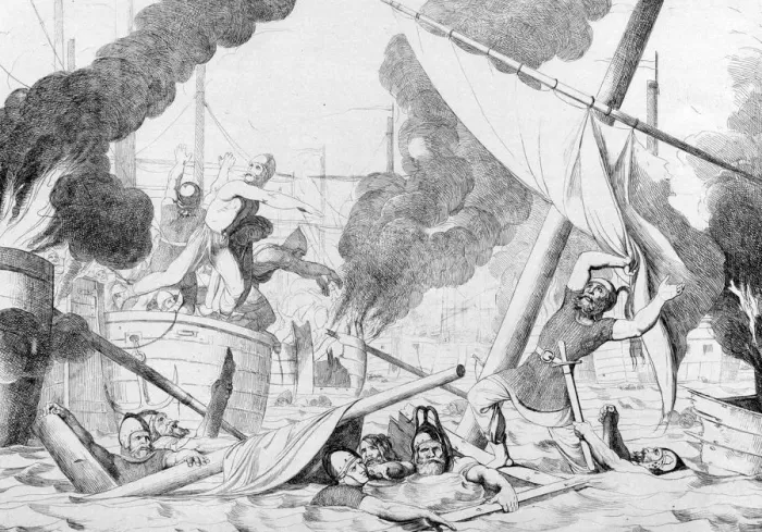 Framed Print : Greek fire during the Siege of Constantinople, before 1839. Artist: Bruni, Fyodor Antonovich (1800-1875) Framed Print : Greek fire during the Siege of Constantinople, before 1839. Artist: Bruni, Fyodor Antonovich (1800-1875)