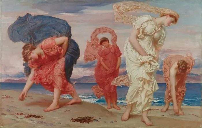 Framed Print : Greek girls picking up pebbles by the sea Framed Print : Greek girls picking up pebbles by the sea