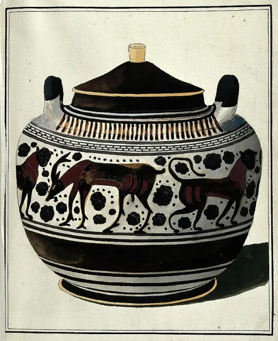 Framed Print : Greek lidded vessel (Corinthian lebes gamikos ?) decorated with a frieze of stylised... 1700-1799. Creator: Augustin Dahlsteen Framed Print : Greek lidded vessel (Corinthian lebes gamikos ?) decorated with a frieze of stylised... 1700-1799. Creator: Augustin Dahlsteen