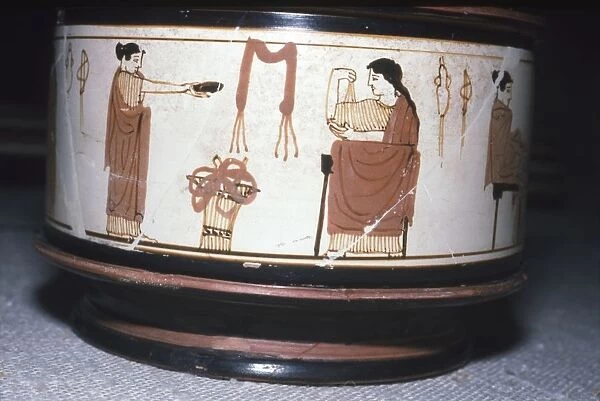 Greek Pyxis, (Cosmetic Box), Women performing domestic tasks, Athens, c460BC-450 BC
