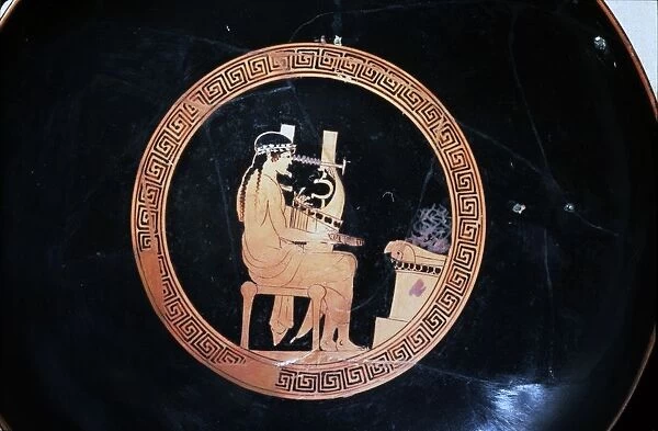 Detail of Greek red-Figured Kylix, Apollo seated at altar, with Kithara, Athens, c480BC-47 BC