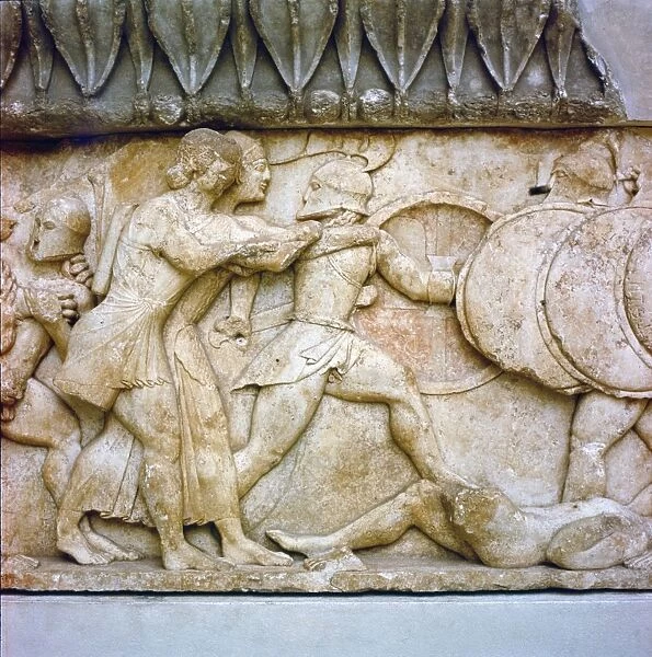 Greek relief detail, Battle of Gods and Giants, Apollo and Artemis fight, 525BC