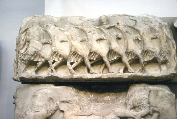 Greek relief, Greek soldiers form a Phalanx, 5th century BC
