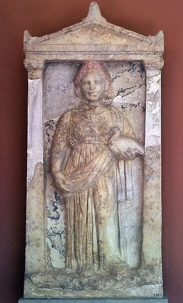 Greek stele of a girl holding a bird, 4th century BC