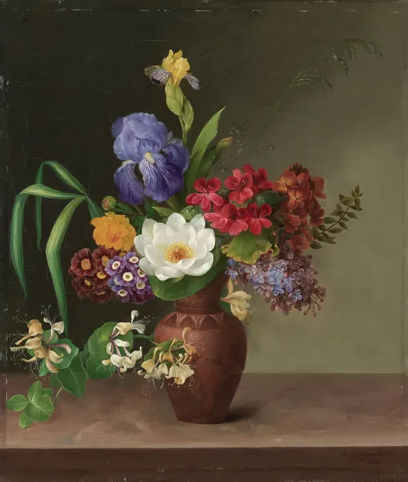 Framed Print : Greek-style vase with iris, sorrel and honeysuckle, 1831. Creator: Hermania Neergaard Framed Print : Greek-style vase with iris, sorrel and honeysuckle, 1831. Creator: Hermania Neergaard