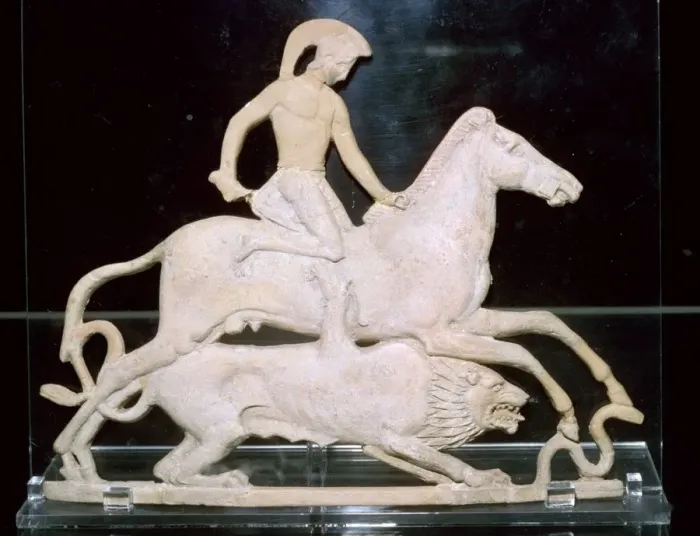 Framed Print : Greek terracotta relief of Bellerophon and the Chimera, 5th century BC Framed Print : Greek terracotta relief of Bellerophon and the Chimera, 5th century BC