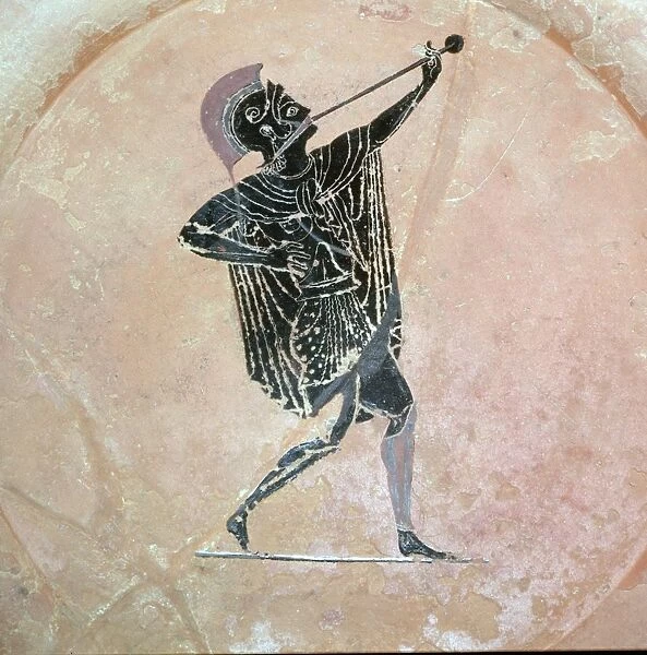 Greek vase painting of a Greek soldier with a trumpet