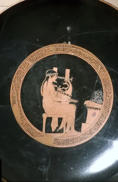 Framed Print : Greek Vase Painting of Lyre Player, Attic Red Figure Cup, c5th century BC Framed Print : Greek Vase Painting of Lyre Player, Attic Red Figure Cup, c5th century BC
