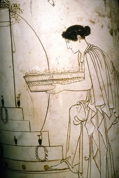 Greek Vase-Painting, A woman brings offering to an altar, c5th century BC