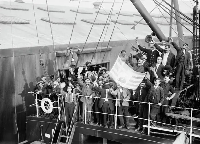 Framed Print : Greeks departing on MADONNA, 1912. Creator: Bain News Service Framed Print : Greeks departing on MADONNA, 1912. Creator: Bain News Service