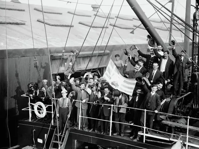 Framed Print : Greeks departing on Madonna, 1912. Creator: Bain News Service Framed Print : Greeks departing on Madonna, 1912. Creator: Bain News Service