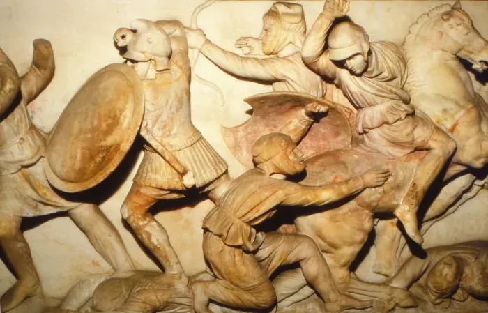 Framed Print : Greeks fight Persians, the Alexander Sarcophagus, Sidon, 4th century BC, (20th century) Framed Print : Greeks fight Persians, the Alexander Sarcophagus, Sidon, 4th century BC, (20th century)