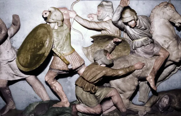 Framed Print : Greeks fight Persians, the Alexander Sarcophagus, Sidon, 4th century BC, (20th century) Framed Print : Greeks fight Persians, the Alexander Sarcophagus, Sidon, 4th century BC, (20th century)