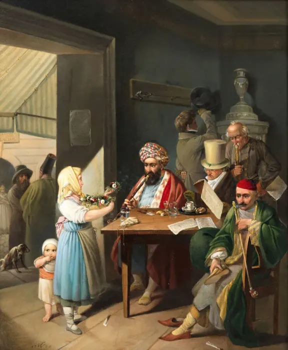 Framed Print : Greeks and Turks in a Viennese coffee house, 1824. Creator: Weller Framed Print : Greeks and Turks in a Viennese coffee house, 1824. Creator: Weller