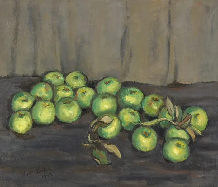 Framed Print : Green Apples with Gray Curtain, 1943. Creator: Walt Kuhn Framed Print : Green Apples with Gray Curtain, 1943. Creator: Walt Kuhn
