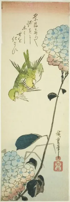 Framed Print : Green birds and hydrangeas, 1830s. Creator: Ando Hiroshige Framed Print : Green birds and hydrangeas, 1830s. Creator: Ando Hiroshige