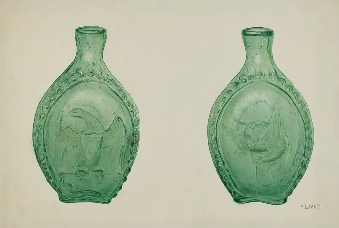 Framed Print : Green Glass Flask, c. 1940. Creator: V. L. Vance Framed Print : Green Glass Flask, c. 1940. Creator: V. L. Vance