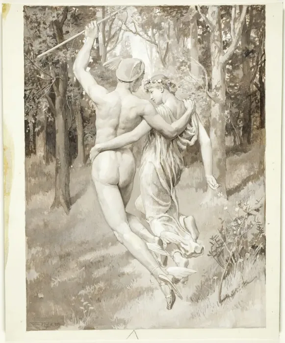 Framed Print : Into the Green Recessed Woods They Flew, 1885. Creator: Will H. Low Framed Print : Into the Green Recessed Woods They Flew, 1885. Creator: Will H. Low