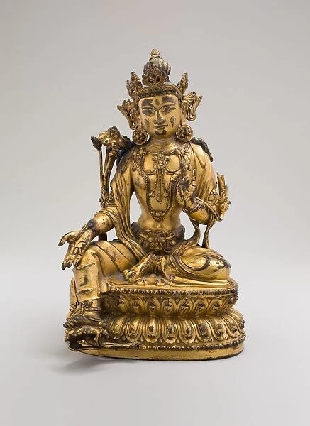 Green Tara, Seated in Pose of Royal Ease (Lalitasana), with Lotus Stalks on Right