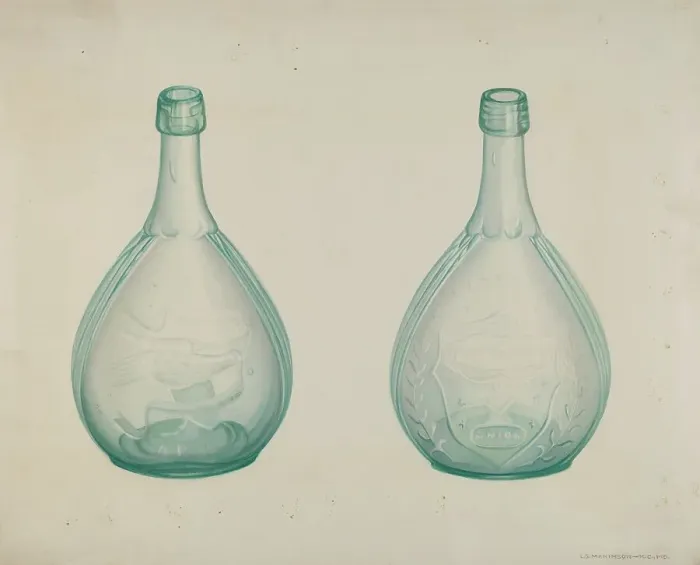 Framed Print : Green Whiskey Bottle, c. 1941. Creator: Loraine Makimson Framed Print : Green Whiskey Bottle, c. 1941. Creator: Loraine Makimson