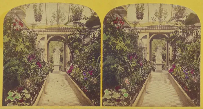 Framed Print : Greenhouse with sculpture at entrance, about 1865. Creator: Unknown Framed Print : Greenhouse with sculpture at entrance, about 1865. Creator: Unknown