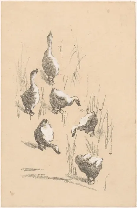 Framed Print : Greeting card with six geese, 1878-1917. Creator: Theo van Hoytema Framed Print : Greeting card with six geese, 1878-1917. Creator: Theo van Hoytema