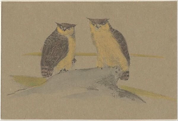 Greeting card with two owls, 1890. Creator: Theo van Hoytema