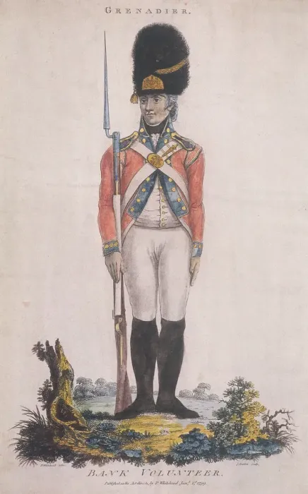 Framed Print : Grenadier in the Bank Volunteers, holding a rifle with a bayonet attached, 1799. Artist Framed Print : Grenadier in the Bank Volunteers, holding a rifle with a bayonet attached, 1799. Artist