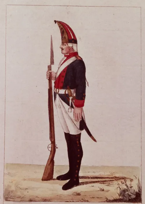 Framed Print : Grenadier of the First Marine Battalion, 1786. Artist: Anonymous Framed Print : Grenadier of the First Marine Battalion, 1786. Artist: Anonymous