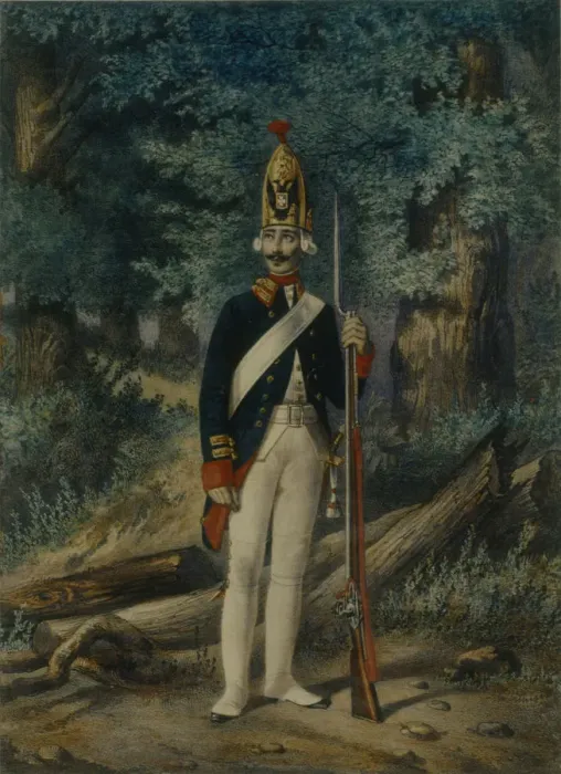 Framed Print : Grenadier of the Preobrazhensky Regiment in 1800, 1840s. Artist: Belousov, Lev Alexandrovich (1806-1864) Framed Print : Grenadier of the Preobrazhensky Regiment in 1800, 1840s. Artist: Belousov, Lev Alexandrovich (1806-1864)