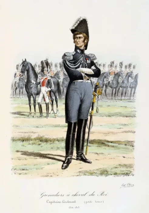 Framed Print : Grenadiers a Cheval du Roi, Capitaine-Lieutenant 1814-15 Artist: Eugene Titeux Framed Print : Grenadiers a Cheval du Roi, Capitaine-Lieutenant 1814-15 Artist: Eugene Titeux