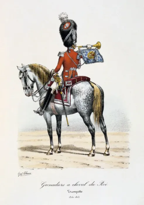 Framed Print : Grenadiers a Cheval du Roi, Trumpeter, 1814-15. Artist: Eugene Titeux Framed Print : Grenadiers a Cheval du Roi, Trumpeter, 1814-15. Artist: Eugene Titeux