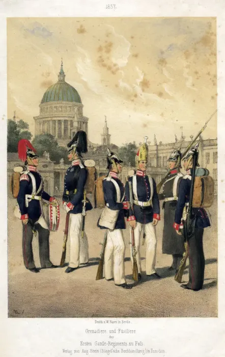 Framed Print : Grenadiers and fusiliers of the Prussian army, 1857. Artist: W Korn Framed Print : Grenadiers and fusiliers of the Prussian army, 1857. Artist: W Korn
