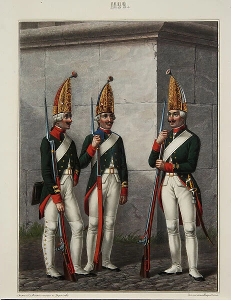 Grenadiers of the Preobrazhensky, Semenovsky and Izmailovsky Regiment in 1796-1797, 1840s. Artist: Petrovsky, Alexey Gavrilovich (1817-?)