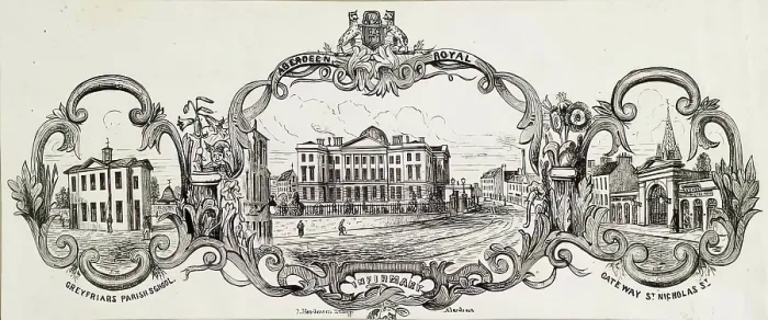 Framed Print : Greyfriars Parish School, Aberdeen; Royal Infirmary; Gateway St Nicholas Street, c1830s. Creator: Unknown Framed Print : Greyfriars Parish School, Aberdeen; Royal Infirmary; Gateway St Nicholas Street, c1830s. Creator: Unknown