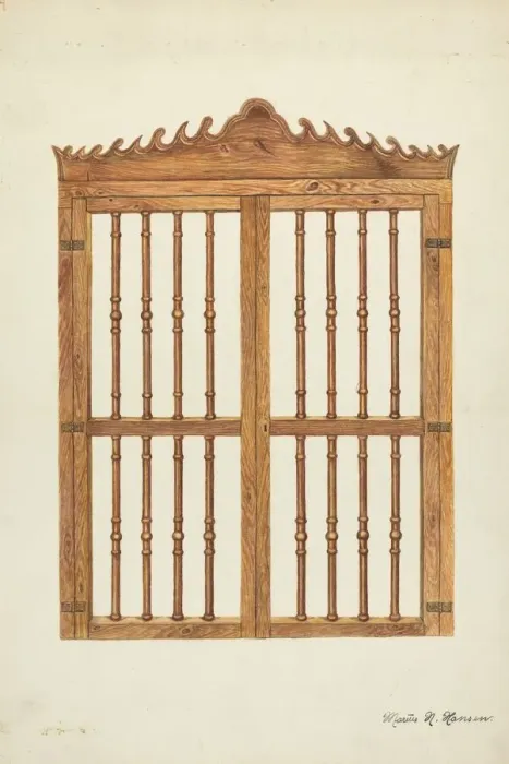 Framed Print : Grille Doors of Wood, c. 1937. Creator: Marius Hansen Framed Print : Grille Doors of Wood, c. 1937. Creator: Marius Hansen