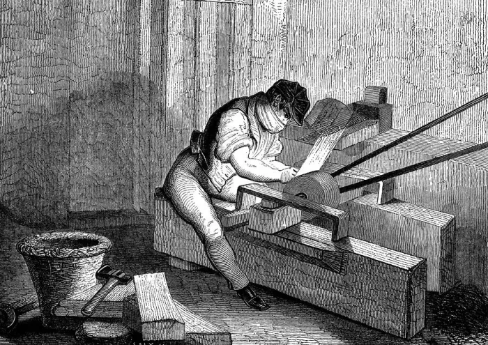 Framed Print : Grinding needle points, Redditch, England, c1830 Framed Print : Grinding needle points, Redditch, England, c1830