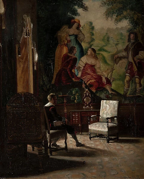 Gripsholm, interior from the King's bedchamber with male staffage figure. Creator: Edvard Perseus