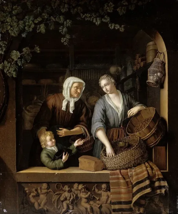 Framed Print : The Grocer's Shop, 1715. Creator: Frans van Mieris II Framed Print : The Grocer's Shop, 1715. Creator: Frans van Mieris II