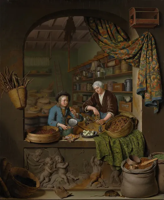 Framed Print : A Grocer's Shop, 1717. Creator: Willem van Mieris Framed Print : A Grocer's Shop, 1717. Creator: Willem van Mieris