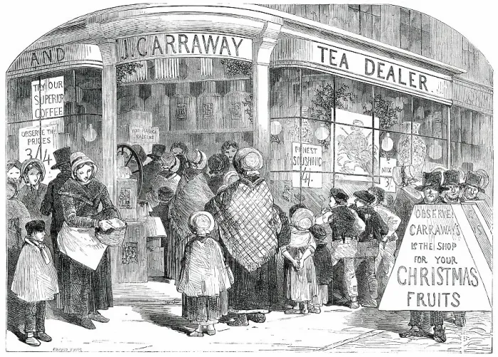 Framed Print : The Grocer's Shop at Christmas - drawn by Foster, 1850. Creator: Edmund Evans Framed Print : The Grocer's Shop at Christmas - drawn by Foster, 1850. Creator: Edmund Evans