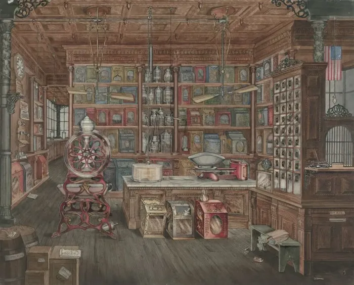 Framed Print : Grocery Store, 1935 / 1942. Creator: Perkins Harnly Framed Print : Grocery Store, 1935 / 1942. Creator: Perkins Harnly
